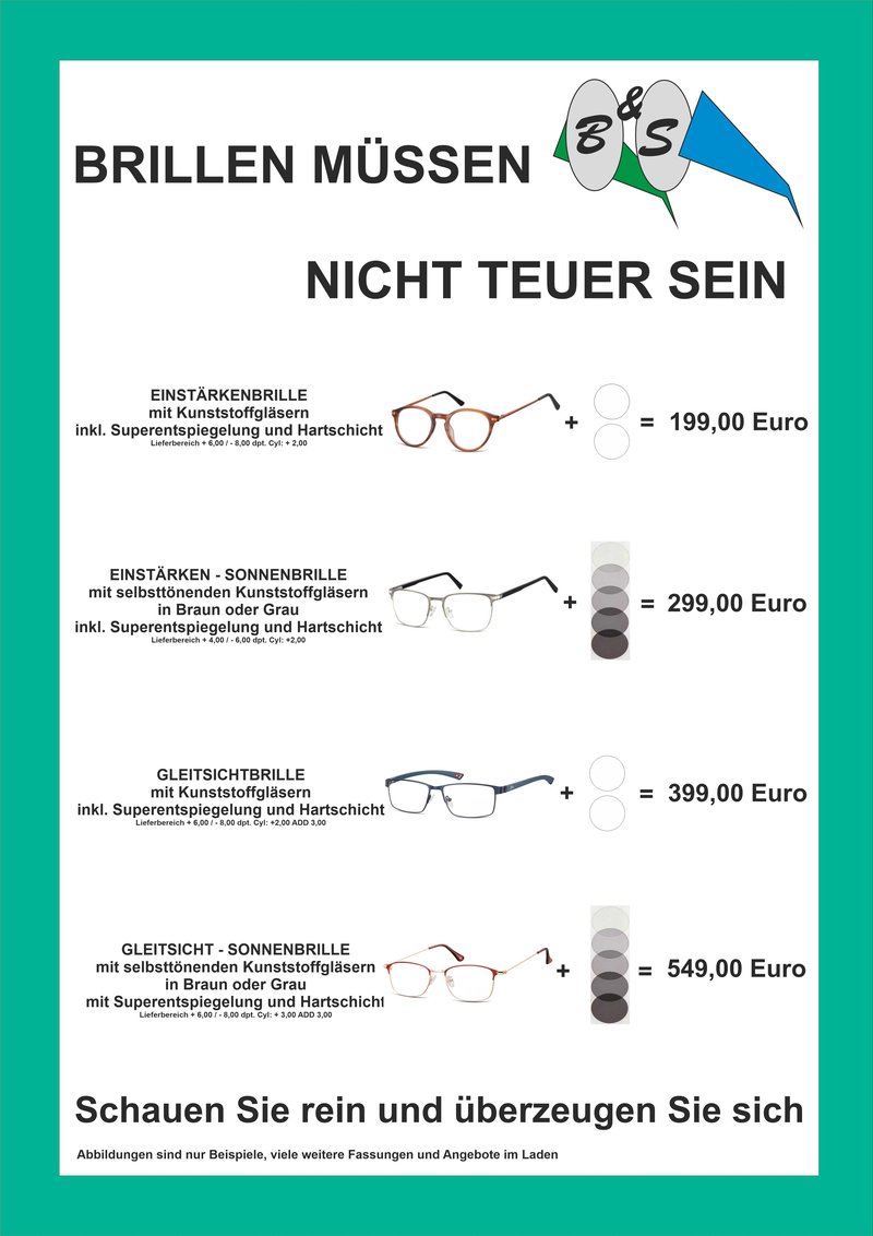 Aktuelles Angebot: Gleitsicht- und Einst&auml;rkenbrillen inklusive Gl&auml;sern, kostenloser Sehtest